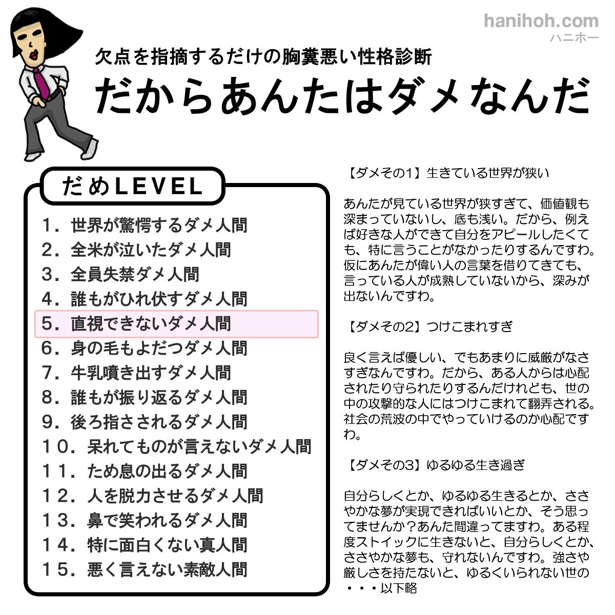 だからあんたはダメなんだ 無料の性格診断ハニホー 診断結果