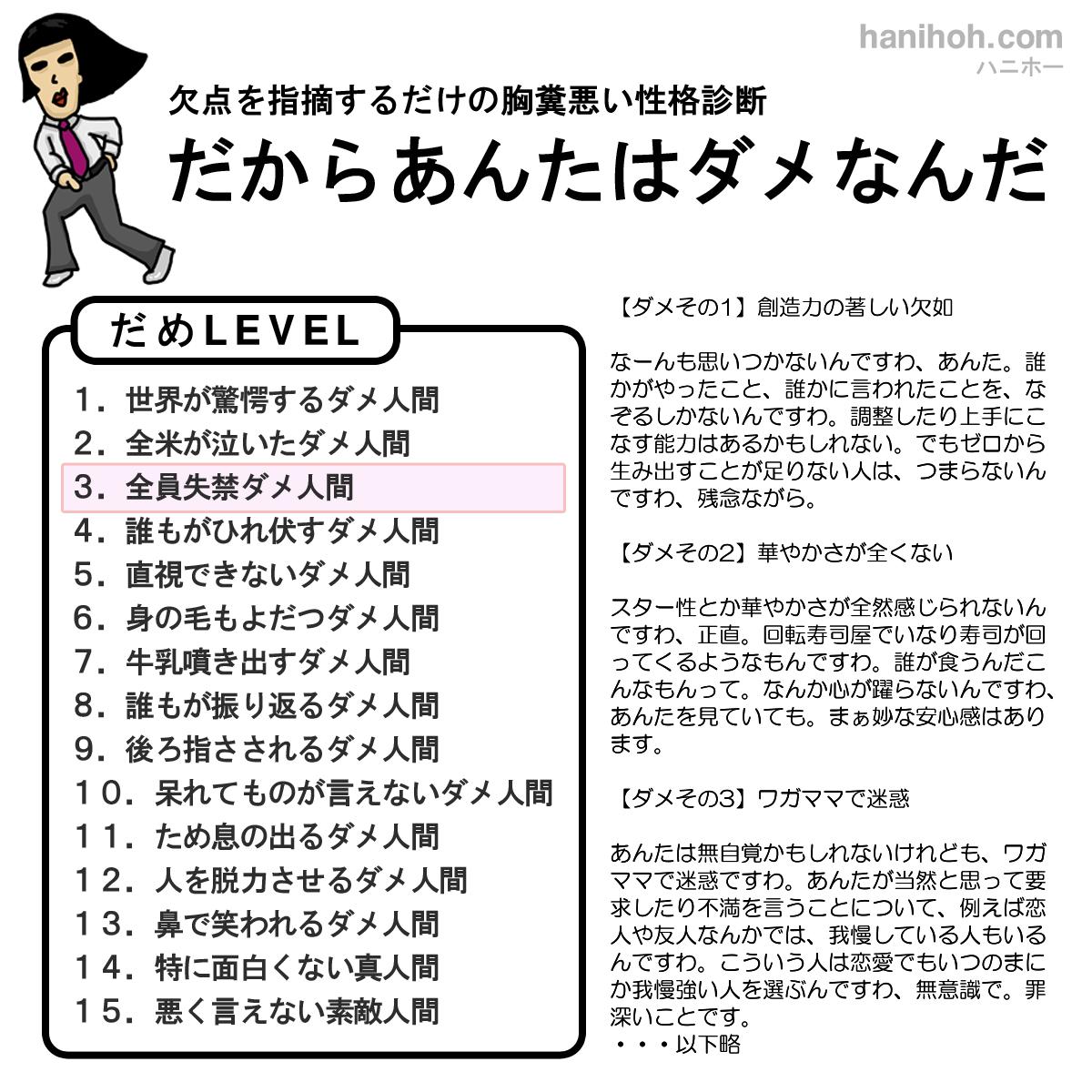 だからあんたはダメなんだ 無料の性格診断ハニホー 診断結果